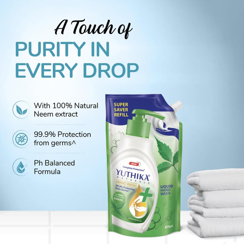 Yuthika Germ Protection Neem Hand Wash liquid Refill 675ml | Antibactirial Handwash with PH balanced Formula