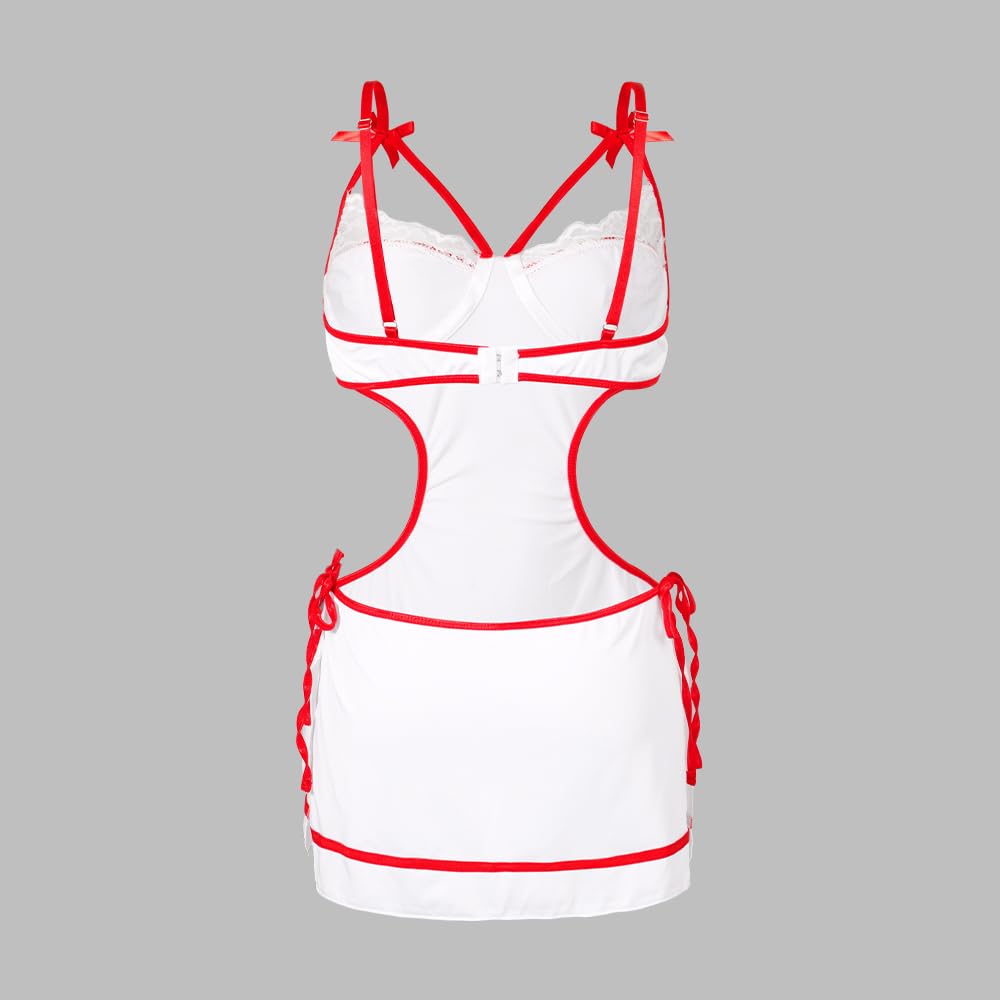 VicSec Ensemble De Lingerie Sexy Pour Femme Tenue D'infirmière Body Nuisette Costume Érotique Robe En Maille Fendue Cosplay Jupe Creuse Uniforme De Club Jeu De Rôle Vêtements De Nuit Père Noël
