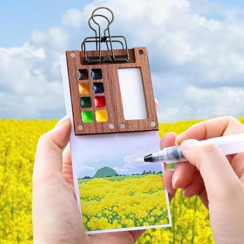 Image of Mini Wooden Watercolor Palette Travel Kit with 8 Grid Empty Paint Box 58 Sheets Sketchbook Watercolor Journal Water Brush Pen Metal Clip and 12 Color Pigment Tubes Portable Air Pocket Art Supply Set