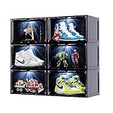 SINUOLIN Shoe Box Shoe Storage Organizer 2023 NEW 6 Pack LED Clear Plastic Stackable Side Drop Front Display Foldable Sneaker Containers Bins Fit up to Size 12 (Black)