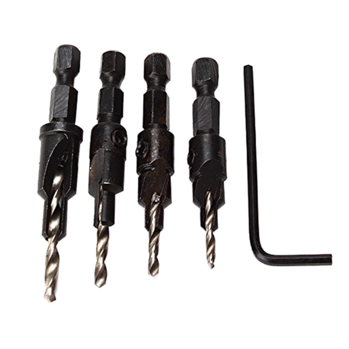 4pcs Countersink Drill Bit Kit Hss 4241 with 1/4 Shank, Black