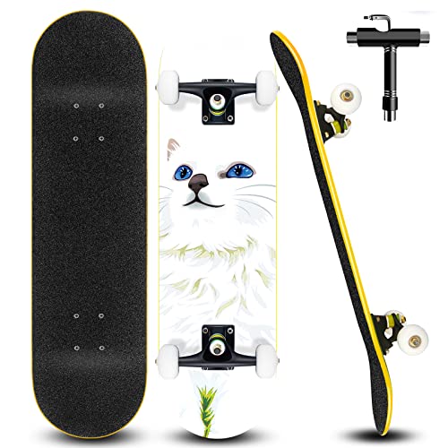 Skateboard pour Débutants, 80x20cm Skateboard Complet en Bois pour Enfants, Adolescents Adultes, 7 Couches de Bois D'érable Double Pont, Kick Cruiser Concave Trick Skateboard avec Outil en T