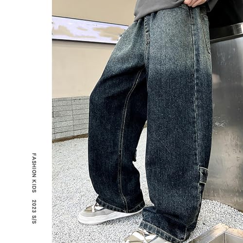 Boys Jeans,Baggy Straight Leg Denim Cargo Pants Y2k Wide Leg Denim Pants Loose Elastic Waist Jeans Streetwear with Pockets3