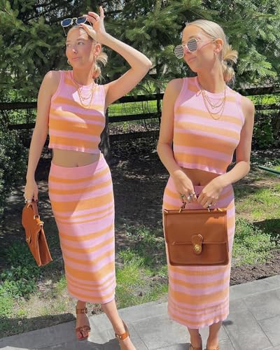Image of Arach&Cloz Women's Non See Through 2 Piece Sets Tank Top and Midi Skirt Knit Outfits