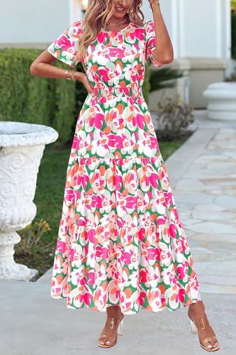 Image of PRETTYGARDEN Women's Casual Smocked Boho Floral A-Line Maxi Dress 2026 | Summer Short Flutter Sleeve Crewneck Tiered Long Sundress,Fall Wedding Guest Dresses,Spring Cute Flowy Beach Vacation Clothes