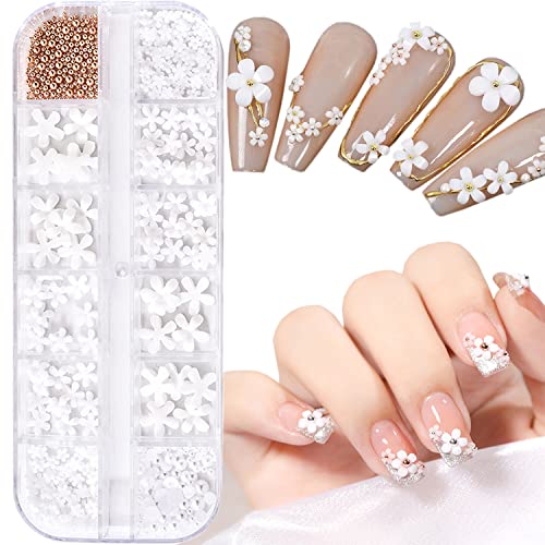 White Floral Nail Art Decorations, Five Petals Flowers Nail Glitter Sequins, Flower Pearl Beads Resin Nail Rhinestone Design For Women Girls Manicure Supplies, Blossom Rivet For Nail Stickers Decals #TOP27