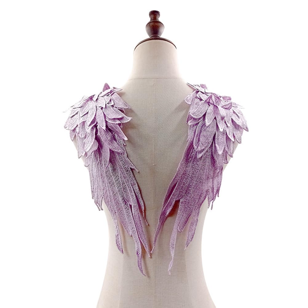 Egurs 1 Paar / 2 Stück 3D Stickerei Engelsflügel Applikation Patch Nähapplikation Schulterflicken Spitzenapplikation Besatz für DIY Kleidung T-Shirt Jeans Nähen Bastelbedarf Mauve 39 * 15cm