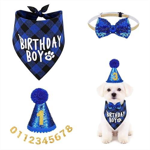 Set de Cumpleaños para Perros Sombrero de Cumpleaños, Bandana, Lentejuelas Pajarita, Números Brillantes para Mascotas Disfraz de Fiesta para Cachorros Decoración de Cumpleaños 4 Piezas Azul Set de Cumpleaños para Perros Sombrero de Cumpleaños, Bandana, Lentejuelas Pajarita, Números Brillantes para Mascotas Disfraz de Fiesta para Cachorros Decoración de Cumpleaños 4 Piezas Azul