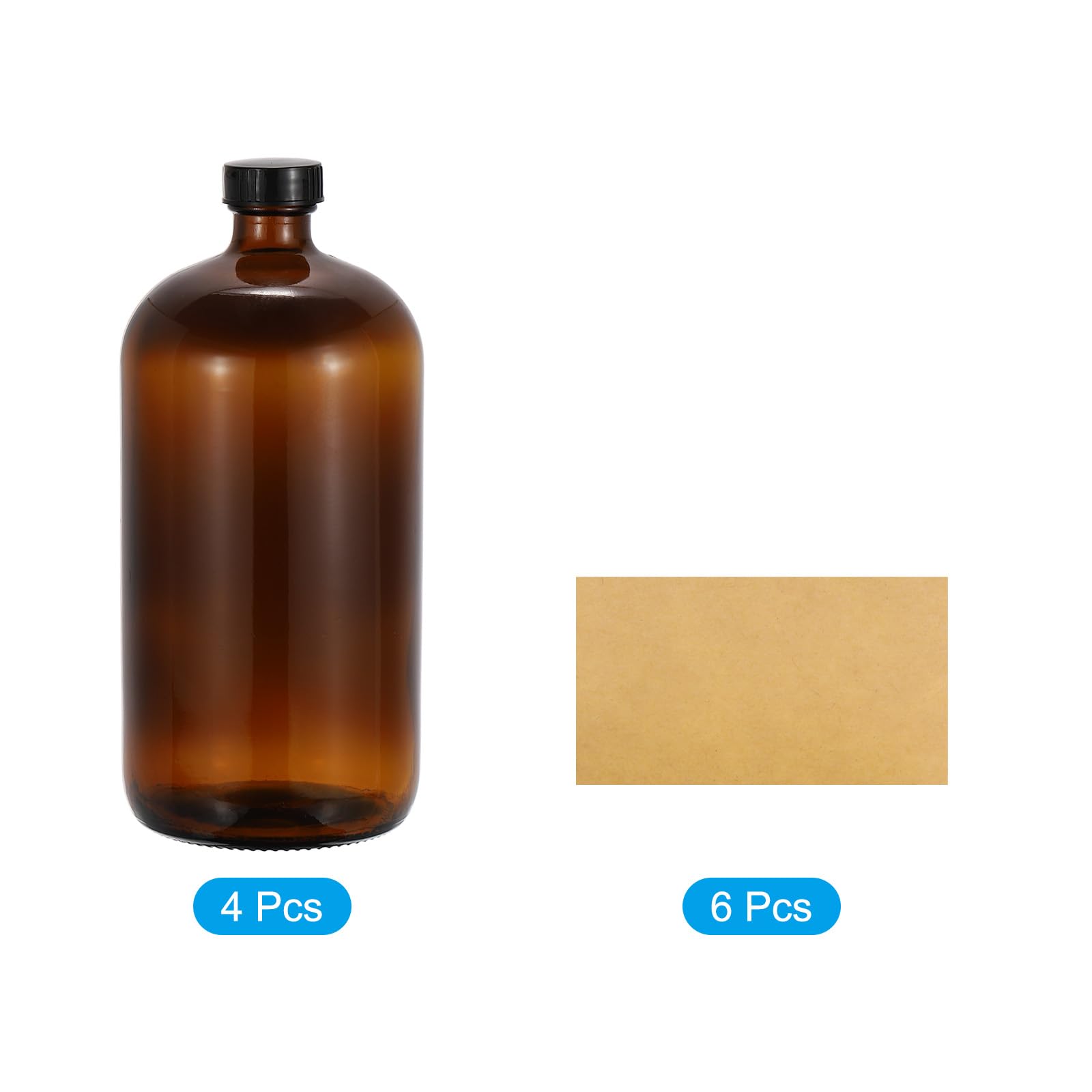 PATIKIL Frascos De Muestras De Vidrio De 33oz/1000ml, 4Pcs Frascos Redondos Con Tapa Negra De Poliéster, 4Pcs Etiquetas Para Líquidos Reactivos, Aceites Esenciales, Perfume, Ámbar.