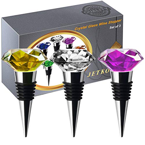 JETKONG Diamond Shaped Crystal Metal Wine and Beverage Bottle Stopper Set of 3 Yellow White Purple