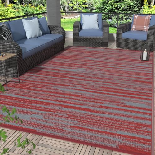 Image of GENIMO Outdoor Rug, Waterproof Plastic Rugs for Patio, 6'x9' Crimson Grey | Outside Larger Modern Carpet Mat for Porch Decor, Deck, Balcony, Camping, RV, Backyard, Picnic, Beach, Reversible, Foldable