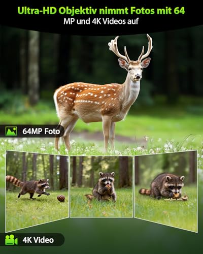 KJK Wildkamera mit Handyübertragung APP, 4K 64MP HD WLAN Bluetooth mit 64GB Speicherkarte,...
