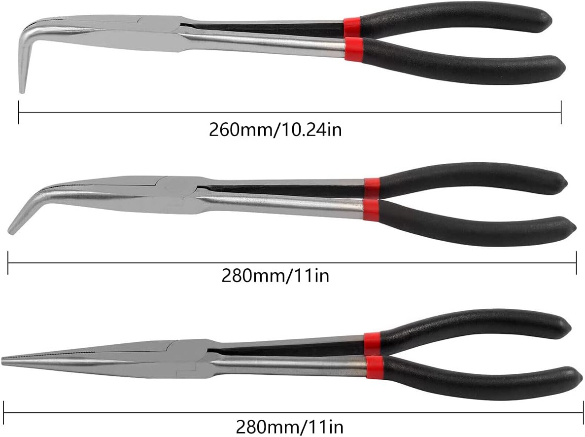 3/5Pcs Long Needle Nose Pliers Set, 11 Inches Carbon Steel Long Reach Pliers Non-slip Straight Pliers 25°/45°/90° Bent Nose Pliers O-Shaped Circle Pliers for Machinist Engineer Narrow Spaces (3 Pcs)