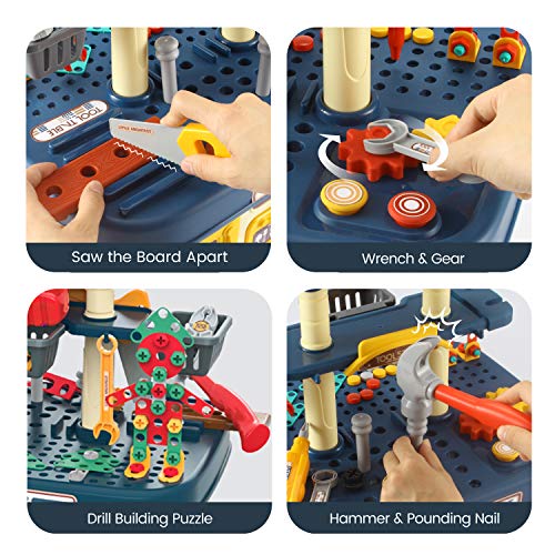 BFUNTOYS 246 PCs Kids Toddlers Toy Tool Bench Set for 2 3 4 Year Old Boys and Girls, 2 in 1 Kids Construction Toy Workbench with Building Blocks, Electric Drill, STEM Building Puzzles Work Shop Gifts