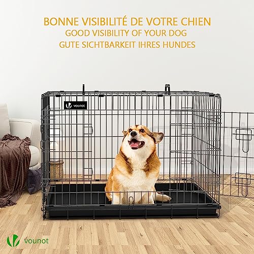 VOUNOT Hundekäfig Klappbar mit Abdeckung, Hundebox Auto Hundetransportkäfig mit Doppeltüren, 2 Transportgriffen & Bodenschale, L 92x58x64 cm, Schwarz