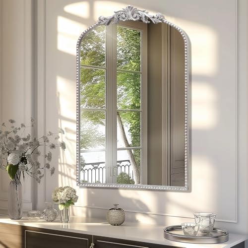 Image of Antique Silver Arch Wall Mirror, 24 inchx36 inch Traditional Vintage Mantel Mirror with Ornate Metal Frame, Baroque Victorian Mirror for Fireplace /Entryway /Bathroom /Living Room /Hallway