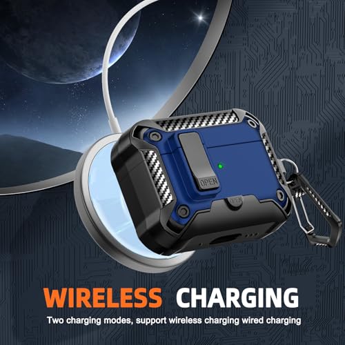 Image of for AirPods Pro 1st /2nd Case with Lock & Phone Stand(Blue) | Automatic Snap Switch Lock,Carbon Fiber Texture Design Cover with Cleaner Kit