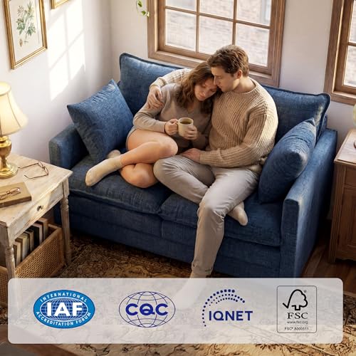 Image of Loveseat Sofa with Cloud 3-Layer Cushion & 27 inch Deep Seat, Modern Small Couch with 2 Washable Pillows for Small Spaces, Bedroom, Apartment, Office, Living Room, in a Box, 50-Inch Blue
