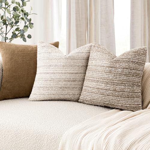 Image of Foindtower Set of 2 Faux Fur Textured Modern Throw Decorative Pillow Covers Square Accent Striped Cushion Sherpa Boho Farmhouse Pillowcase for Couch Sofa Living Room Home Decor 18x18 Inch,Tan Khaki