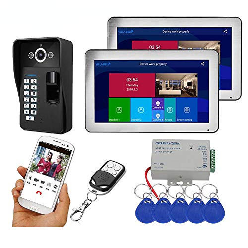 10-Zoll-Monitore 2 WiFi drahtlose Fingerabdruck-RFID-Video-Türsprechanlage Türklingel Intercom-System mit Wired 1080P Kamera,B