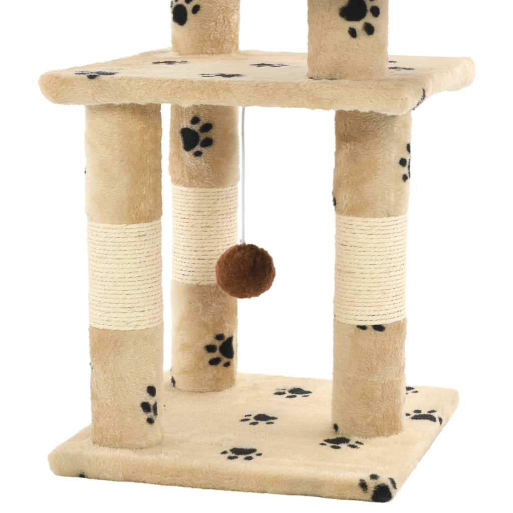 Katzenkratzbaum 65 cm Kleiner Kratzbaum Fuer Katzen mit Sisal-Kratzsaeule und Spielball - Kletterbaum mit Aussichtsplattform, Pfoten-Muster Beige