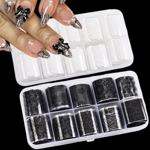 BAOYAALIN 20 Rolls Lace Nail Foil Sheets 2 Boxes Black and White Flower Nail Foils Transfer Nail Art Decals Holographic Stickers for DIY Acrylic Nails Manicure Wraps Decoration