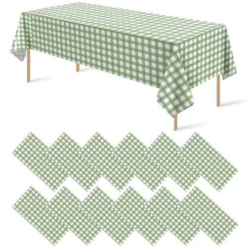 Image of 12Pack Sage Green Plastic Checkered Tablecloth, Premium Decorative Disposable Sage Green Gingham Plaid Table Cloths for Parties, Rectangle Party Table Cover for Picnic Birthday Wedding, 54x108 Inch
