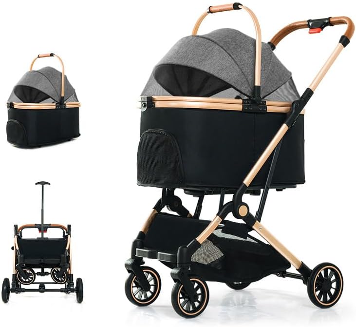 Dog Buggy, Foldable Pet Stroller, One-Click Foldable Cat Dog Stroller, 3 in 1 Dog Cat Pushchair with Storage Basket Net Window Cup Holder