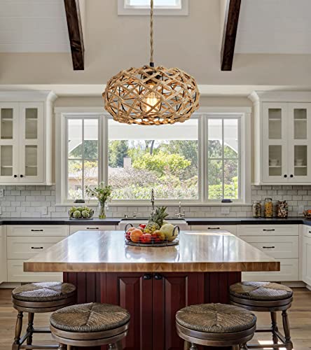 AMZASA Boho Pendant Light Rustic Hand-Woven Hemp Rope Cage Basket Rattan Hanging Lamp Wicker Coastal Retro Light Fixtures for Hallway Entryway Kitchen Island Dining Room - Image 2