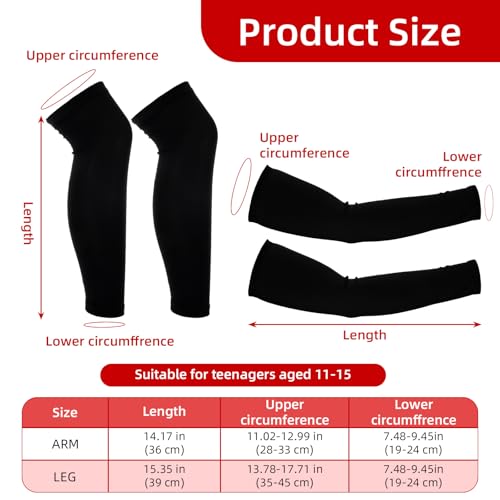 JIEYAO Teenager Sport Armstulpen und Beinärmel Set,Anti-UV Sonnenschutz Armschoner und Lange Kompressions-Beinärmel Unisex Arm Sleeve für Jugend Volleyball Basketball Fußball