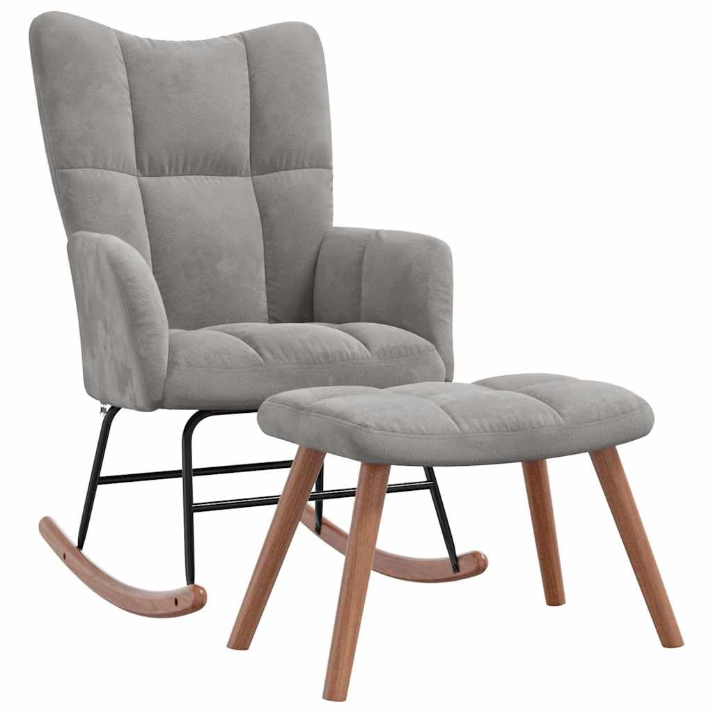 Mecedora moderna para interior con taburete, mecedora con estructura de acero y acolchado grueso, silla de relax con suave terciopelo gris claro