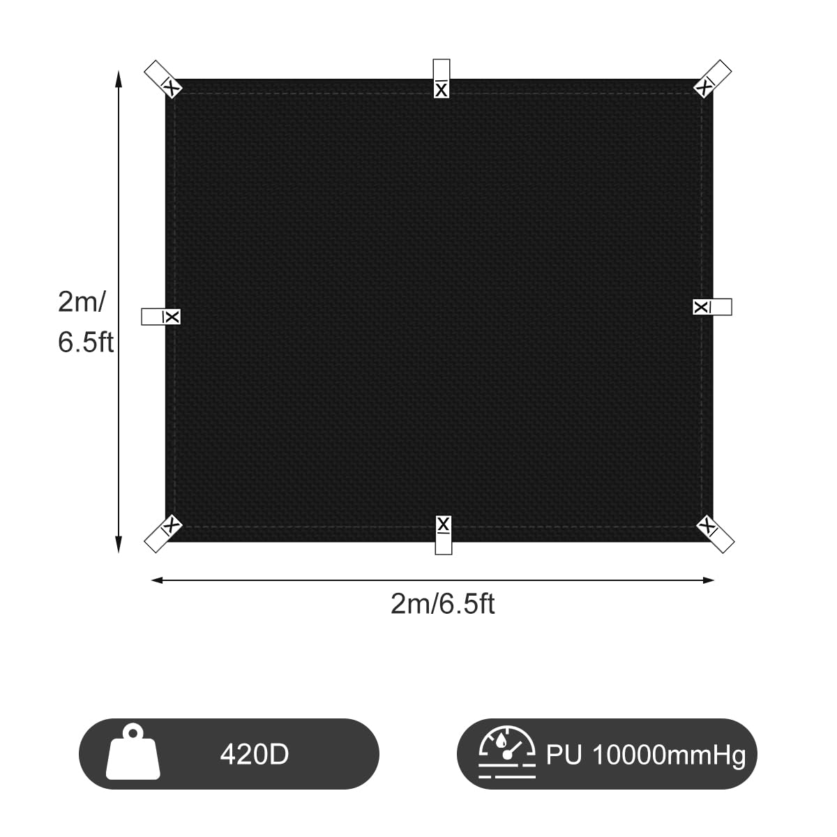 Honsaifau Waterproof Tarpaulin Outdoor Cover: Black 2m x 2m 420D Oxford Fabric Tarp Sheet with Reinforced Loops - Image 3
