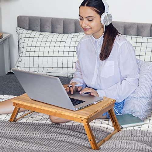 Tangkula 100% Bamboo Laptop Desk with Tilting Top & Drawer, Height Adjustable Portable Breakfast Serving Bed Tray with Heat-Dissipation Holes, Folding Bed Table for Surfing Reading Writing Eating