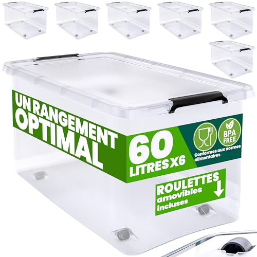 DEUBA® 6x Boîte de rangement 60L en plastique transparent empilable sans BPA gain de place caisse de rangement roulettes