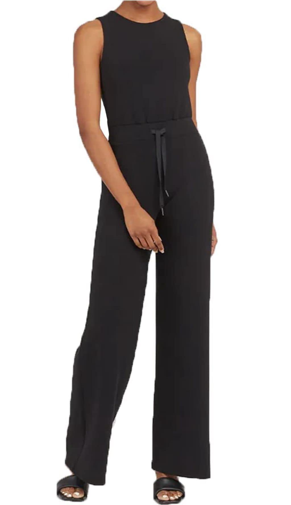 Photo 1 of Asskdan Womens Jumpsuit Loose Solid Elastic Waist Drawstring Sleeveless Straight Leg Pants Rompers with Pockets 1 Classic Black X-Small