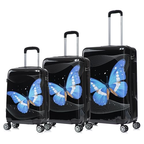 Image of InUSA Black Butterfly Print Luggage with Spinner Wheels | Durable Lightweight Hardside Suitcase | Travel Bag with Handle and Trolley | (20in, 24in, 28in) 3 Piece Set