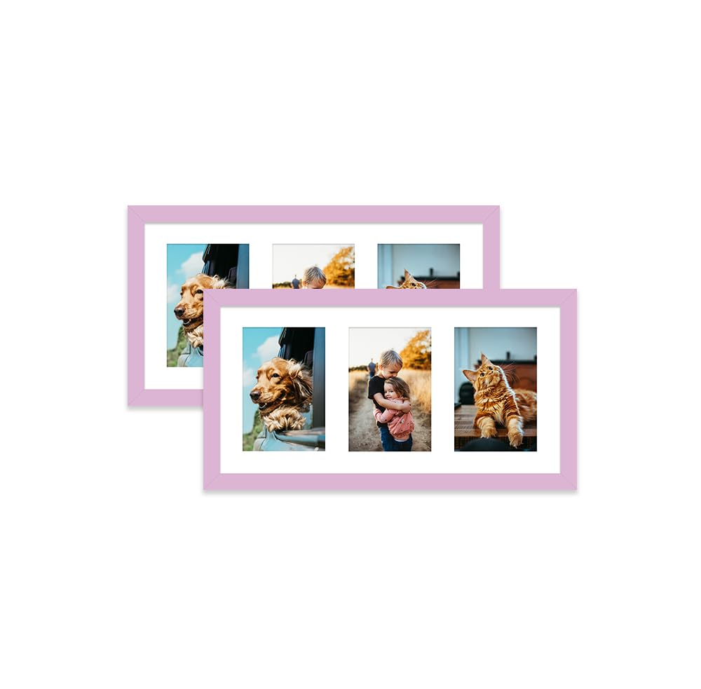Lilac Multi Photo Frame - Holds 3 x 6x4 Pictures, Family Collage Picture Frame for Wall Display, 8x16 Panoramic Frame Size, Set of 2