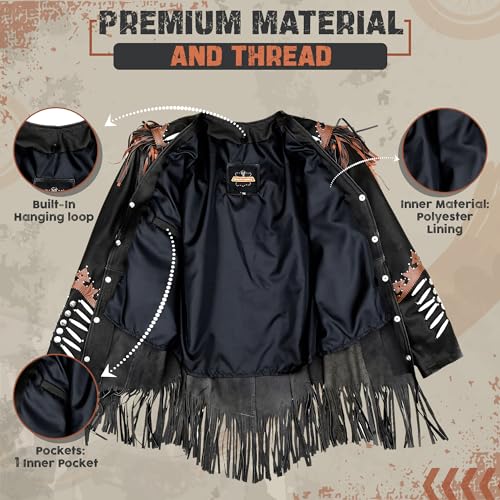 Western Black Leather Cowhide Jacket Women Cow-lady Native American Fringe & Beaded Cowgirl Jacket Tassels3