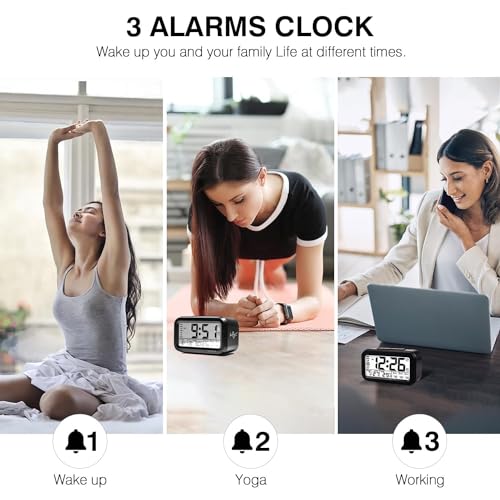 Image of Black Digital Alarm Clock with Automatic Sensor, Date & Temperature Display - Modern Table Clock for Students, Home, Office, and Corporate Use (Desk Alarm Clock)