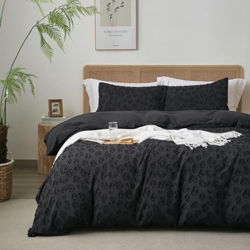Image of Tufted Black Leopard Duvet Cover Twin Size,1 Pillow Sham, No Comforter | Button Closure, 4 Corner Ties, All Seasons, Lightweight, Extra Soft, Leopard Print Textured, Twin Duvet Cover Set 68x90 in