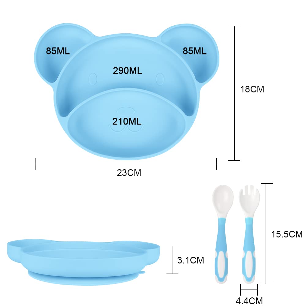 Vicloon Piatto per Bambini in Silicone, Piatto Svezzamento con 4 Aree, Piatto con Ventosa per Bambini, Piastra di Alimentazione per Neonati, Lavabile in Lavastoviglie, Orso