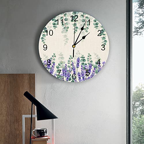 Lartdumur Wall Clock Green Eucalyptus Lavender Clocks Easy To Read Battery Operated Watercolor Leaves Purple Flower Retro Decorative For Living Room Kitchen Home Office 12 Inch #TOP2