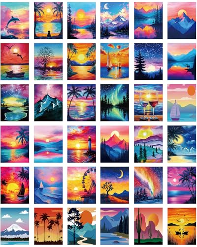 Sherr 36 Pcs Pre Drawn Canvas Painting Kits for Adults Cute Printed to Paint Set 8 x 10 Stretched Panels Sunset Landscape Theme Painting for DIY Art Valentine's Day Date Night Party Favor