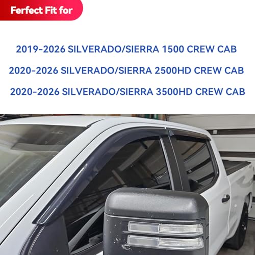Image of Window Visors Rain Guards for 2019-2026 Chevy Silverado /GMC Sierra 1500 Crew Cab, Out-Channel Window Vent Wind Deflectors Visors Shades for 20-26 Silverado /Sierra 2500HD 3500HD Crew Cab