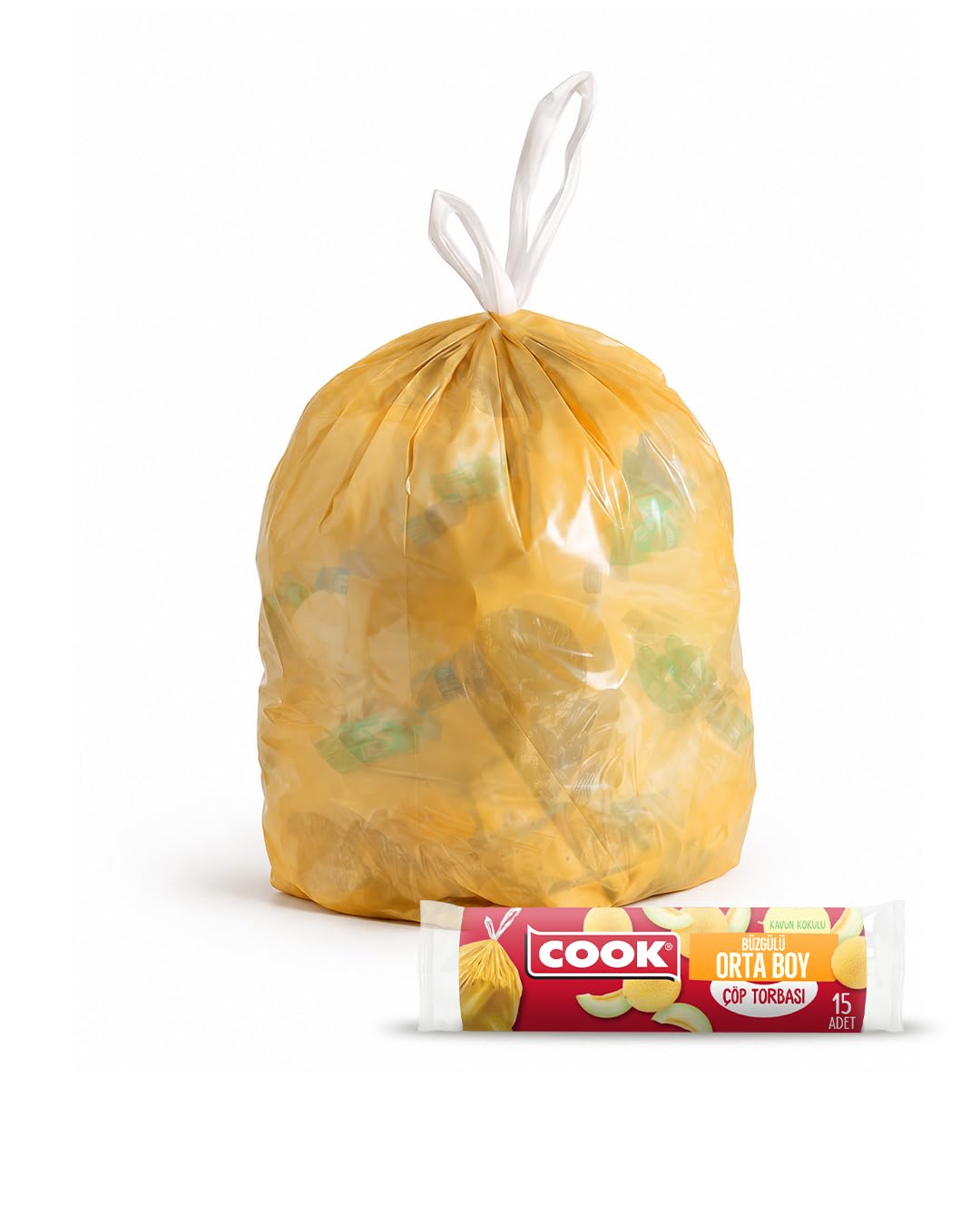 Cook Büzgülü Çöp Torbası, Orta Boy, 55 x 60 cm, 15 Yaprak, Kavun Kokulu, Turuncu