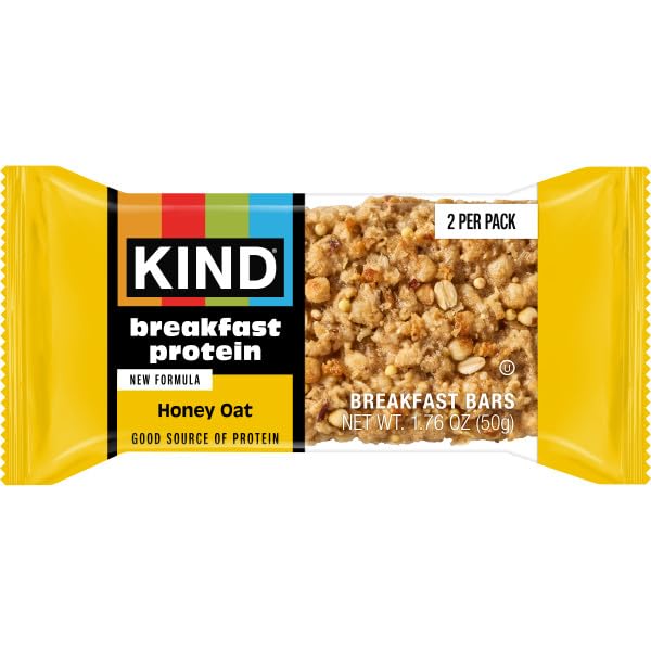 Image of KIND Breakfast Protein Bars, Honey Oat, Gluten Free, Low Sodium, Healthy Snacks, 8g Protein, 6 Count (6 Packs of 2 Bars) | Perfect for busy mornings: a gluten-free healthy snack with whole grain oats for on-the-go energy. Includes 6, 2-bar packs.
