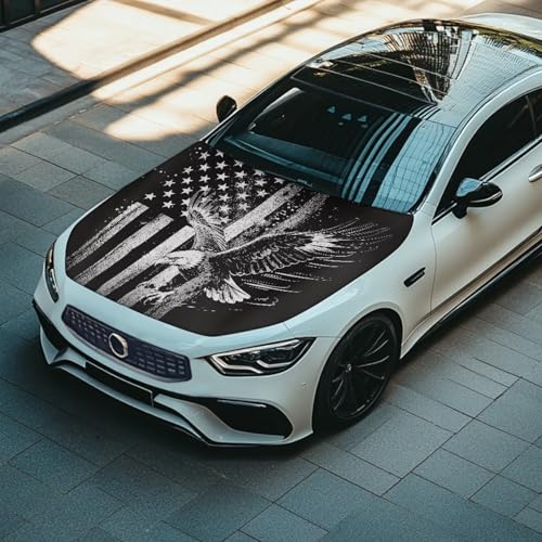 Image of Renewold Car Hood Cover, Black Eagle American Flag, Party Holiday Camping Covers for Cars, Vehicle Hood Wrap Blanket, Women Men Automotive Exterior Accessories, for Outdoor Indoor