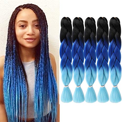5Pcs/Lot Ombre Jumbo Braiding Hair 24 Inch Synthetic Twist Braiding Hair Extensions for Women(Black/Dark Blue/Light Blue)