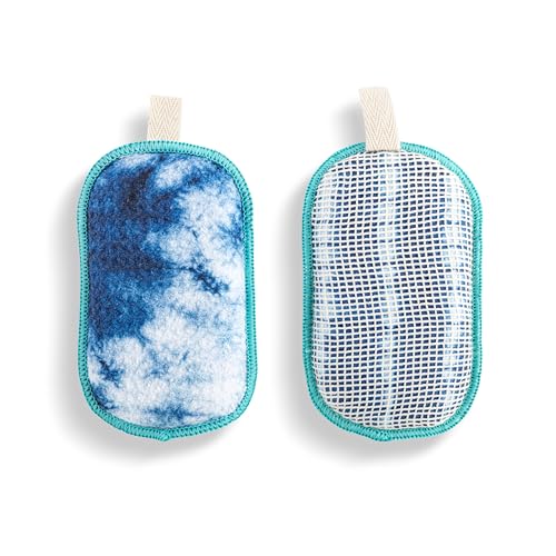 Image of Demdaco Absorbent Reversible Mesh Sponge, Dish Cleaning Supplies, 3 x 5 Inch Polyester, Indigo Tye Dye - Pack of 2