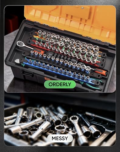 Image of ALOANES Magnetic Socket Organizer Set, 1 /2-Inch Drive Heavy Duty Aluminum Socket Rail Organizer, 360 Swivel Clips Socket Holder Kit for Toolbox Drawer Fit 1 /2-Inch x 12 Clips (Red, 1PC)